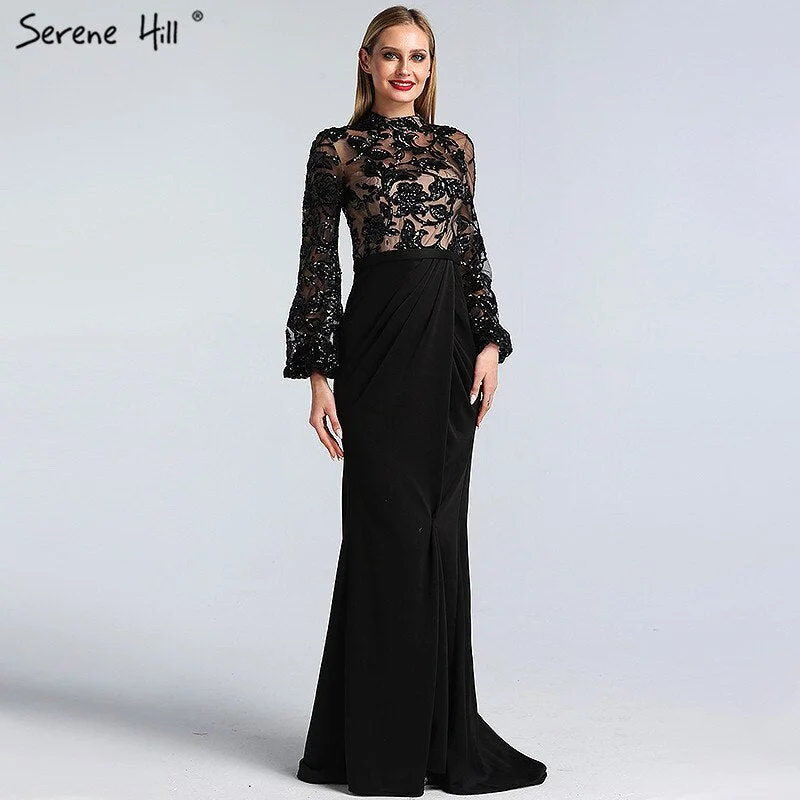 Black Long Sleeves Mermaid Design Evening Dresses High Neck Sequined Illusion Formal Gowns 2024 Serene Hill LA60921