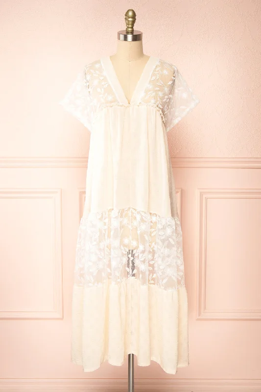 Ailee | Beige & White Tiered Midi Dress w/ Embroidery Elegant Pleated Detail Midi Dress