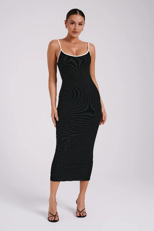 Alexis Ribbed Contrast Midi Dress - Black/White Stylish Off-Shoulder Ruffle Dress