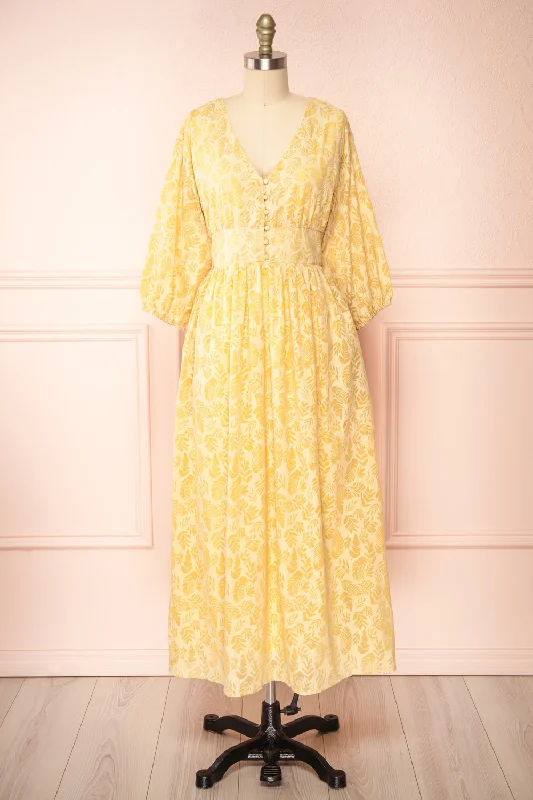 Archee | Leaf Pattern Yellow Midi Dress w/ 3/4 Sleeves Chic Off-Shoulder Midi Dress