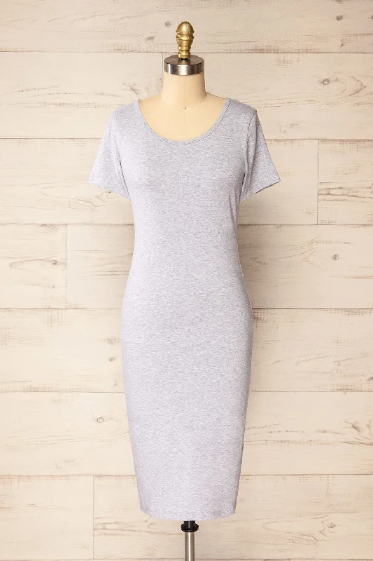 Athens Grey | Short Sleeve Fitted Midi Dress Fashionable High-Low Midi Dress