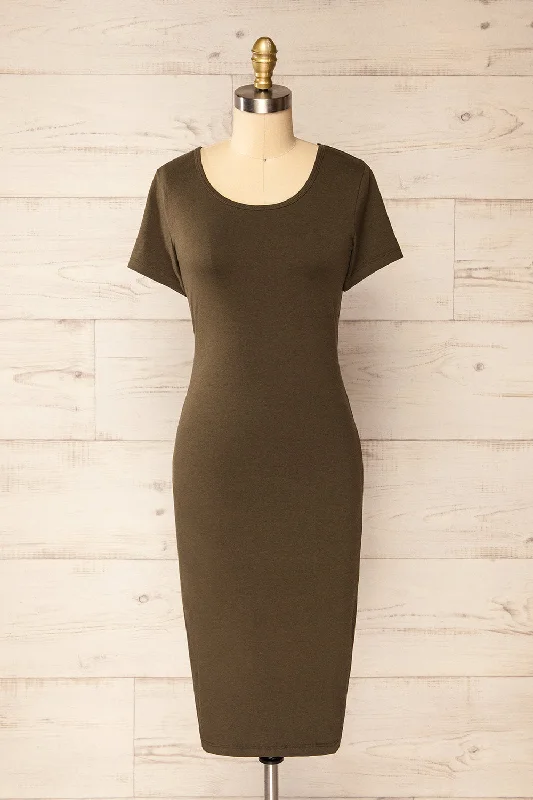 Athens Khaki | Short Sleeve Fitted Midi Dress Comfortable Knitwear Midi Dress