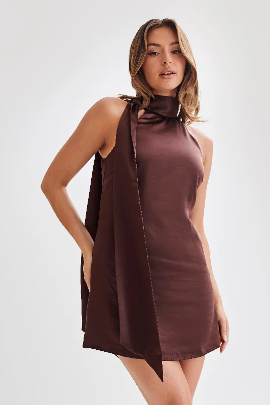 Aubriella Halter Mini Dress With Tie - Dark Chocolate Stylish Sweetheart Mini Dress