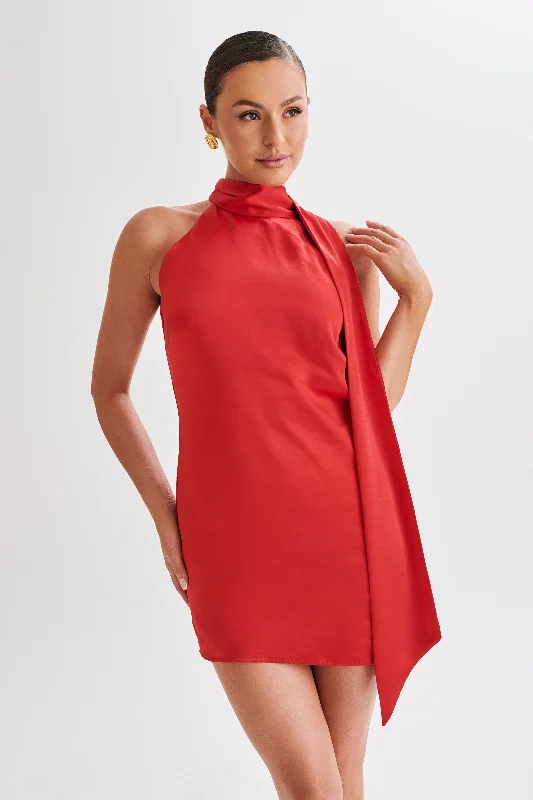 Aubriella Halter Mini Dress With Tie - Red Casual V-Neck Mini Dress