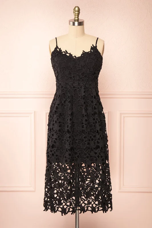 Avelina Black | Lace Midi Dress Elegant Maxi-Midi Hybrid Dress