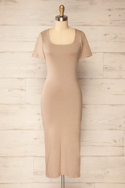 Bogota Taupe | Short Sleeve Midi Dress w/ Square Neckline Fashionable High-Neck Midi Dress