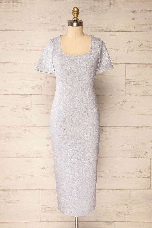 Bogota Grey | Short Sleeve Midi Dress w/ Square Neckline Trendy Ruffled Sleeve Midi Dress