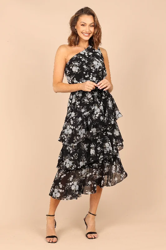 Brigette One Shoulder Tiered Midi Dress - Black Floral Chic Bohemian Midi Dress