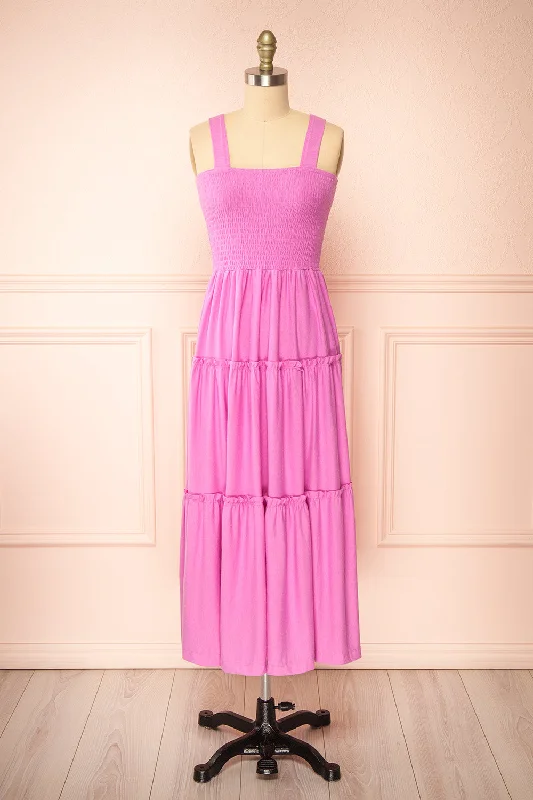 Carly | Pink Tiered Midi Dress w/ Ruched Bust Cozy Wide Strap Midi Dress