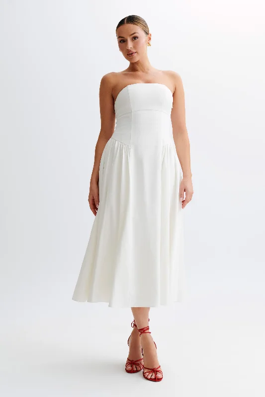 Carmele Cotton Gathered Midi Dress - White Cozy Wide Strap Midi Dress