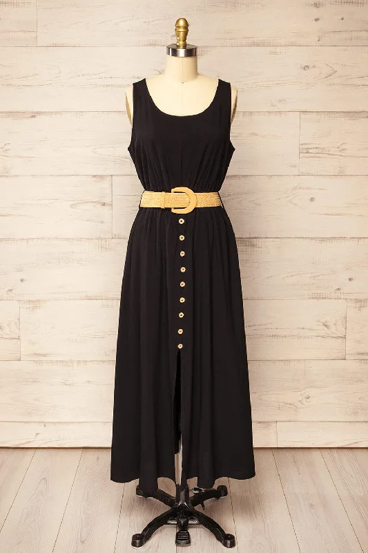 Carrington | Black Midi Dress w/ Straw Belt Fashionable Fitted Midi Dress