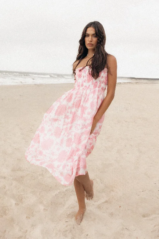 Carter Strapless Midi Dress - Pink Floral Stylish Midi Dress with Cuffs