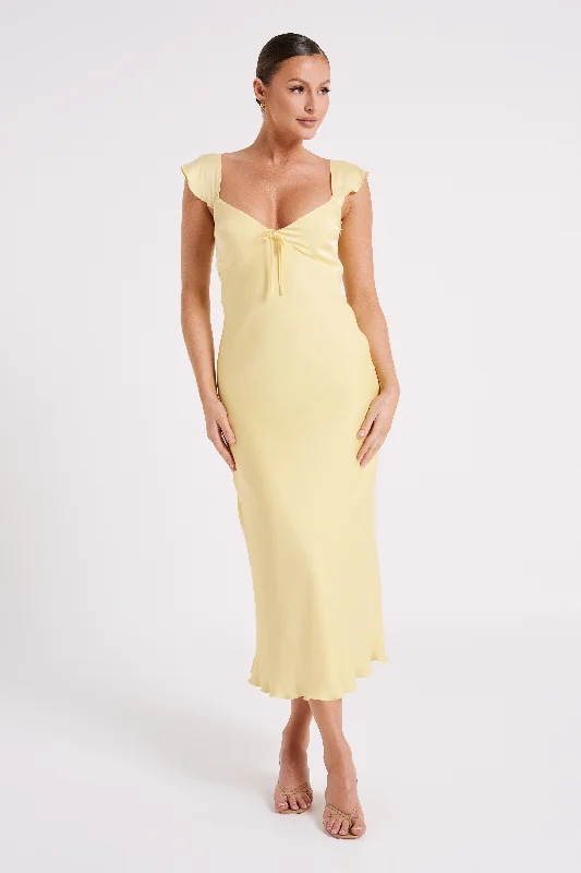 Chantal Short Sleeve Satin Midi Dress - Yellow Elegant Floral Skirt Midi Dress