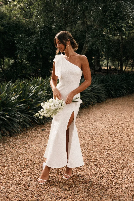 Charmed One Shoulder Midi Dress - Off White Elegant Maxi-Midi Hybrid Dress