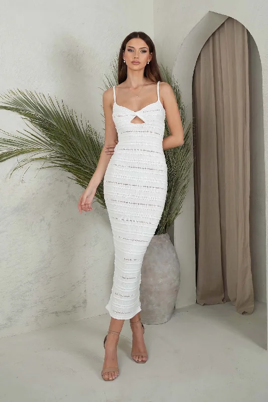 Chloe Crochet Knit Midi Dress - White Fashionable Fitted Midi Dress