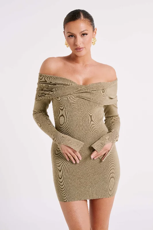 Clover Off Shoulder Knit Mini Dress - Olive Cozy Sweater Mini Dress