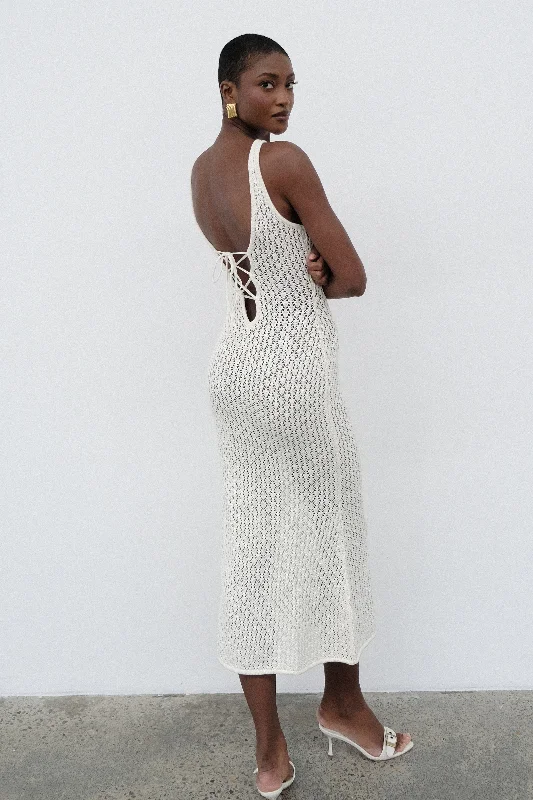 Cordelia Crochet Fishtail Midi Dress - Ivory Comfortable Casual Midi Dress