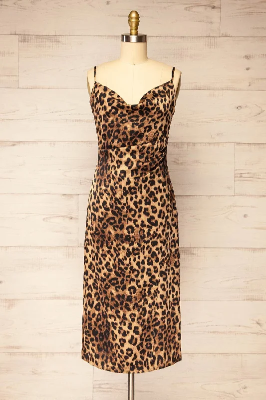 Croenen | Cowl Neck Leopard Midi Dress Elegant Satin Slip Midi Dress