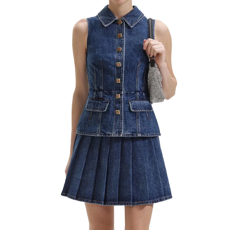 Denim Mini Dress In Mid Blue Elegant Satin Mini Dress