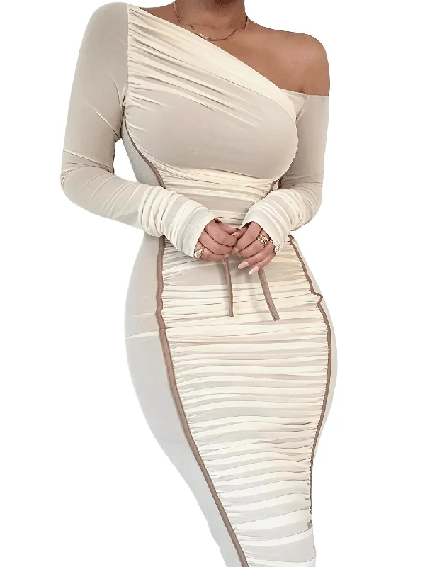 Diagonal Collar Long Sleeve Midi Dress For Women Comfortable Stretch Midi Dress