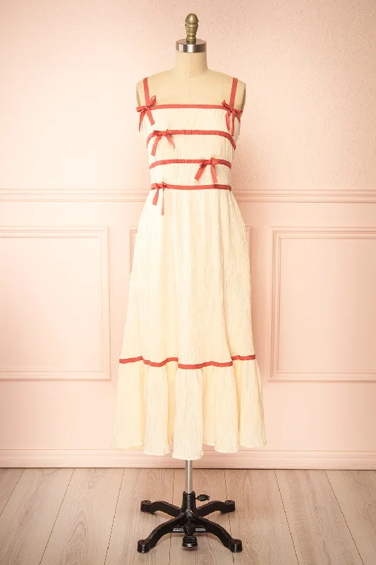 Dixie Beige | Pleated Midi Dress w/ Pink Bows Stylish Color Block Midi Dress