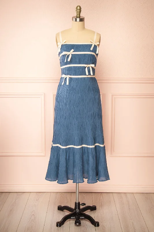 Dixie Blue | Pleated Midi Dress w/ Ivory Bows Elegant Pleated Sleeve Midi Dress