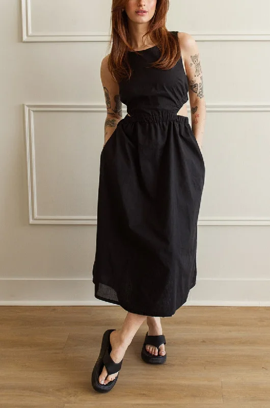 Eleonor | Black Midi Dress w/ Cut-Out Comfortable Empire Waist Midi Dress