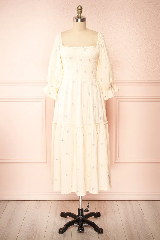 Estelle Ivory | Midi Dress w/ Floral Embroidery Classic Black Midi Dress