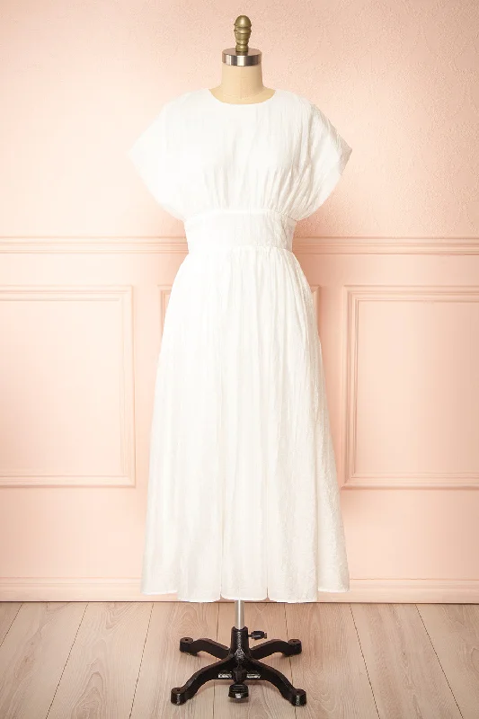 Evitae | White Midi Dress w/ Short Sleeves Fashionable Shift Midi Dress