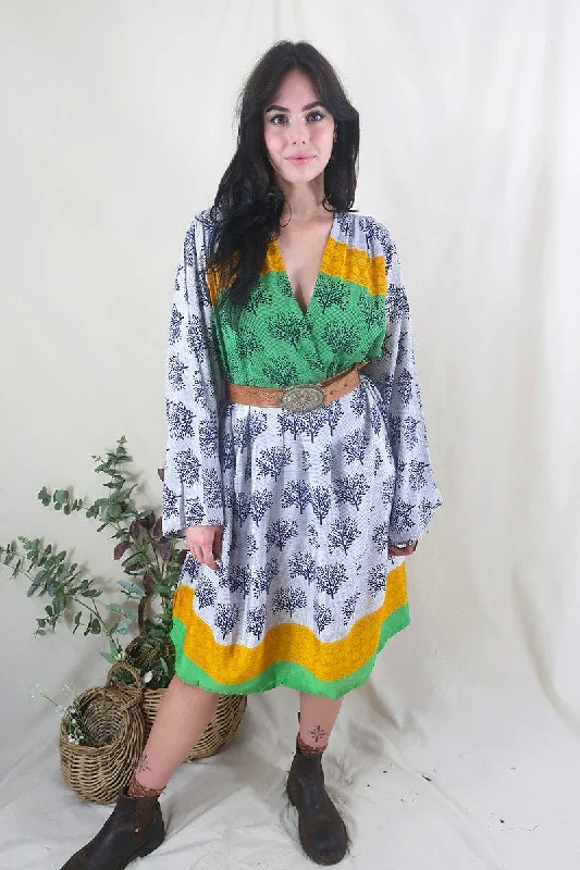 Fleur Bell Sleeve Midi Dress - Sun Yellow & Lime Trees - Vintage Sari - S - M/L Fashionable Skater Midi Dress