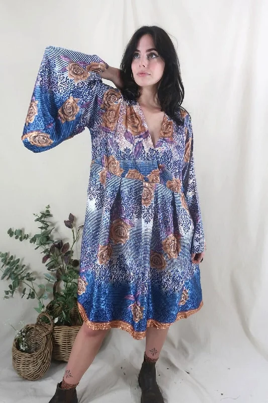 Fleur Bell Sleeve Midi Dress - Prussian Blue & Copper Roses - Vintage Sari - S - M/L Stylish Off-Shoulder Ruffle Dress