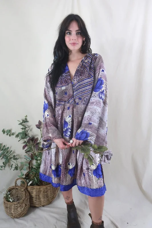 Fleur Bell Sleeve Midi Dress - Bold Amethyst, Mauve & Mocha Floral - Vintage Sari - S - M/L Trendy Tiered Hem Midi Dress