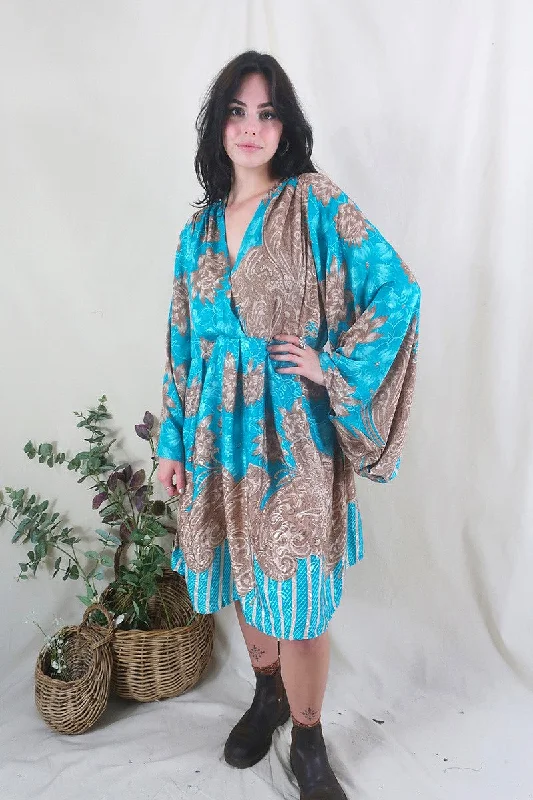 Fleur Bell Sleeve Midi Dress - Tan & Turquoise Paisley - Vintage Sari - S - M/L Trendy Bodycon Midi Dress