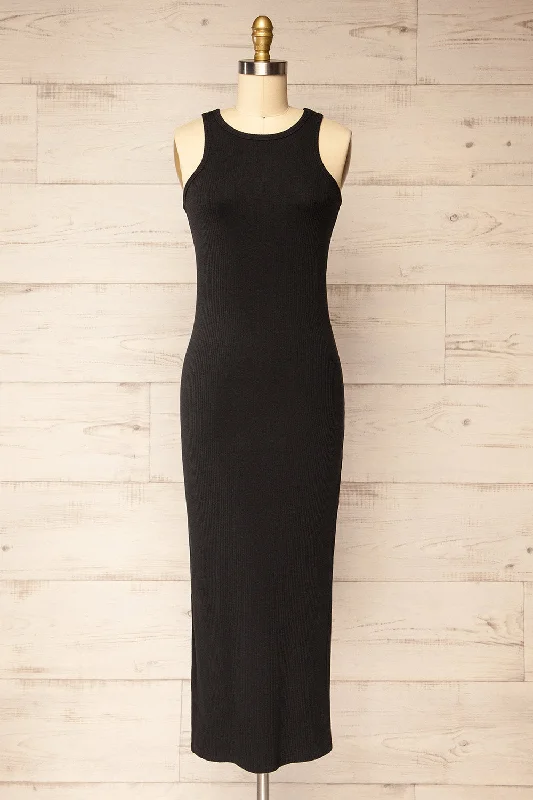 Floirac Black | Sleeveless Ribbed Midi Dress Cozy Spaghetti Strap Midi Dress