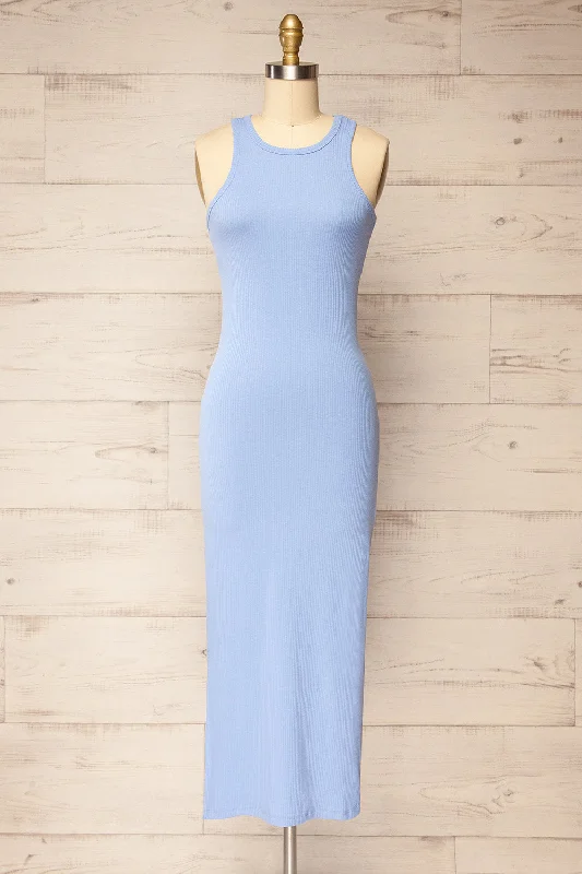 Floirac Blue | Sleeveless Ribbed Midi Dress Trendy Midi Dress with Belt