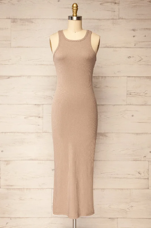 Floirac Taupe | Sleeveless Ribbed Midi Dress Elegant Sleeveless Midi Dress