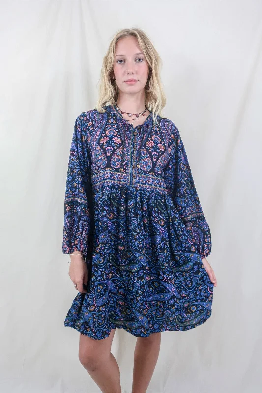 Florence Mini Dress in Midnight Sapphire Paisley Floral Cozy T-Shirt Mini Dress