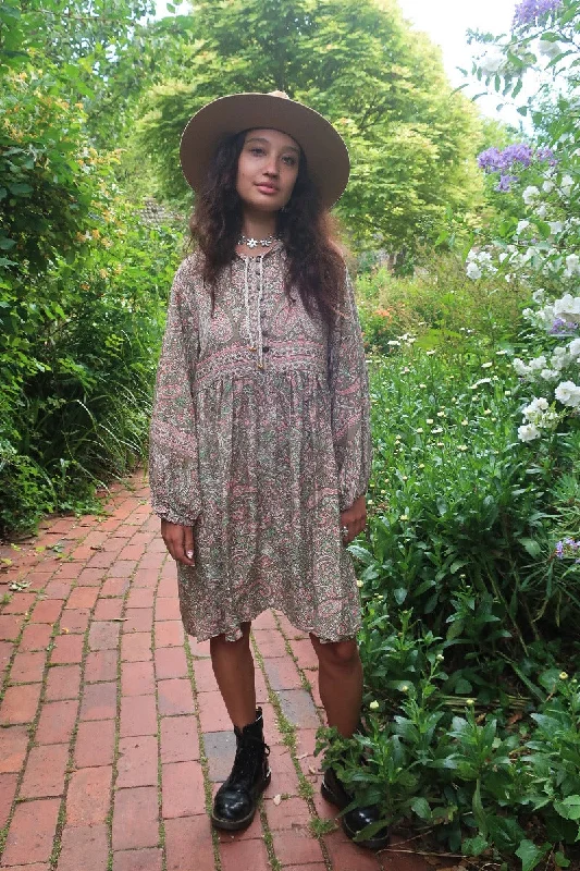 Florence Mini Dress in Sage & Blush Paisley Floral Trendy Denim Mini Dress