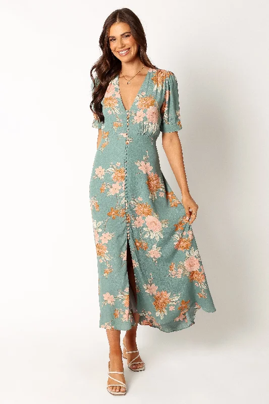 Frampton Midi Dress - Blue Floral Stylish Pleated Skirt Midi Dress