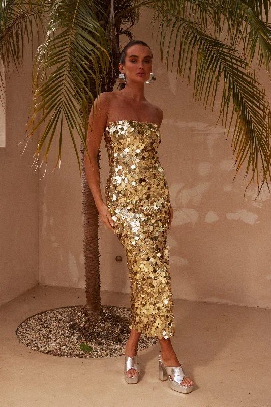 Gabourne Strapless Midi Dress - Gold Sequin Comfortable Casual Midi Dress