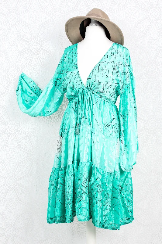 Gypsophila Mini Dress - Vintage Indian Sari -  Sheer Seafoam Green - M/L Stylish Floral Print Mini Dress