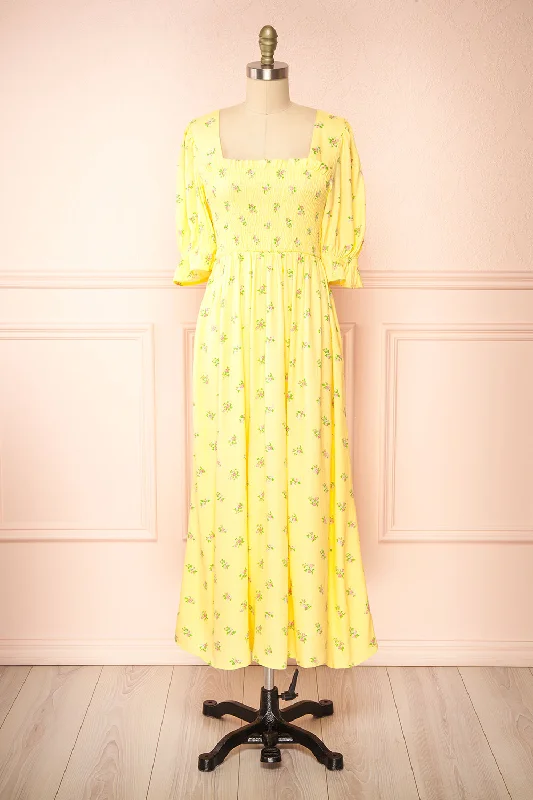 Hapi | Yellow Floral Midi Dress Trendy Tiered Hem Midi Dress