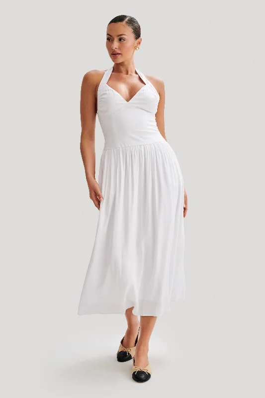 Harriette Halter Midi Dress - White Chic Off-Shoulder Midi Dress