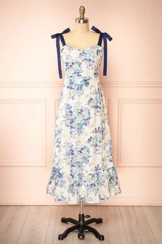 Hoonji | Floral Midi Dress w/ Tie Straps Stylish Halter Neck Midi Dress