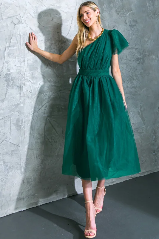 LIVELY CHARM TULLE MIDI DRESS Trendy Ruffled Sleeve Midi Dress