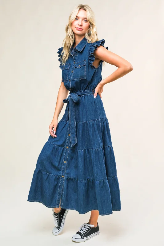 FAN FAVORITE WOVEN DENIM MIDI DRESS Stylish Off-Shoulder Ruffle Dress