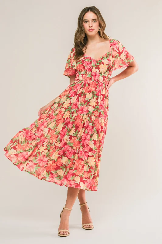 LOVE IS BLOOMING WOVEN MIDI DRESS Comfortable Deep V Midi Dress