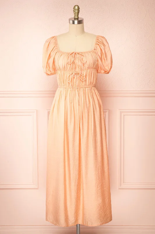 Imna Peach | A-Line Midi Dress w/ Puffy Sleeves Comfortable Wrap Midi Dress