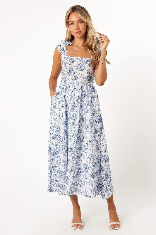 Janie Midi Dress - Blue Floral Comfortable Adjustable Strap Midi Dress