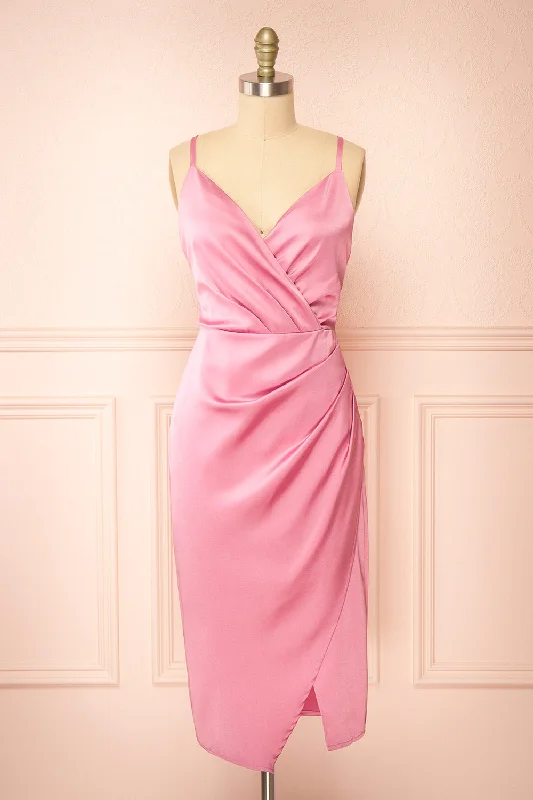 Jazebelle | Pink Satin Midi Dress w/ Slit Fashionable High-Low Midi Dress